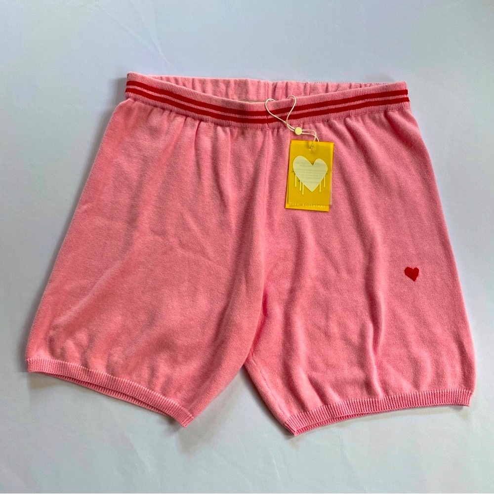 NWOT Kerri Rosenthal Pink Cotton Cashmere Knit Shorts Embroidered Heart - Sz S